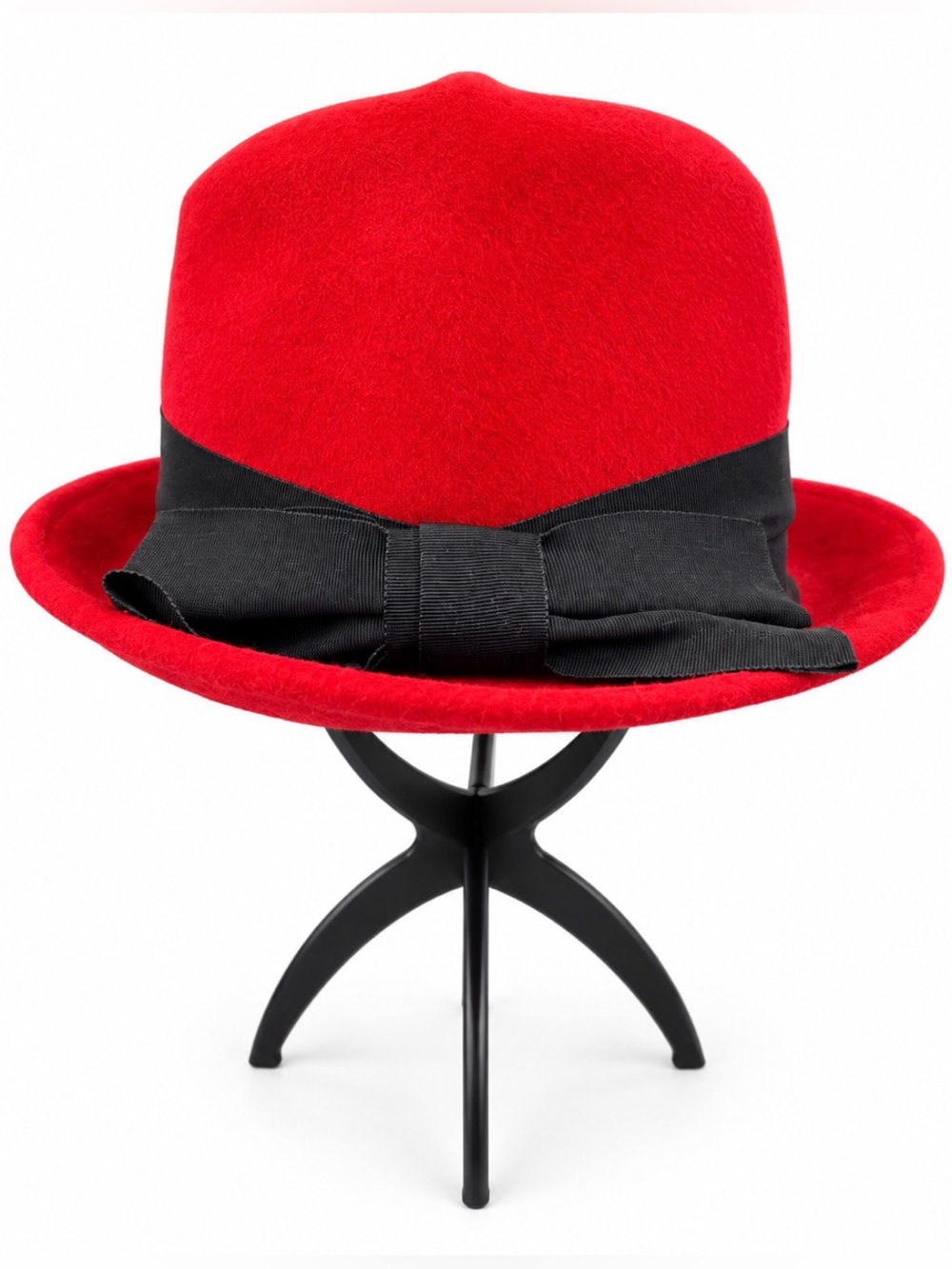 Vintage Gena Conti USA Red Felt Hat Black Grosgrain Ribbon Bow Women’s Retro